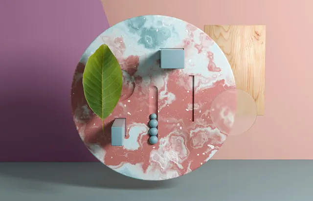 3D art direction scene with botanical and geometric shapes, 3d-render, minimal, muted