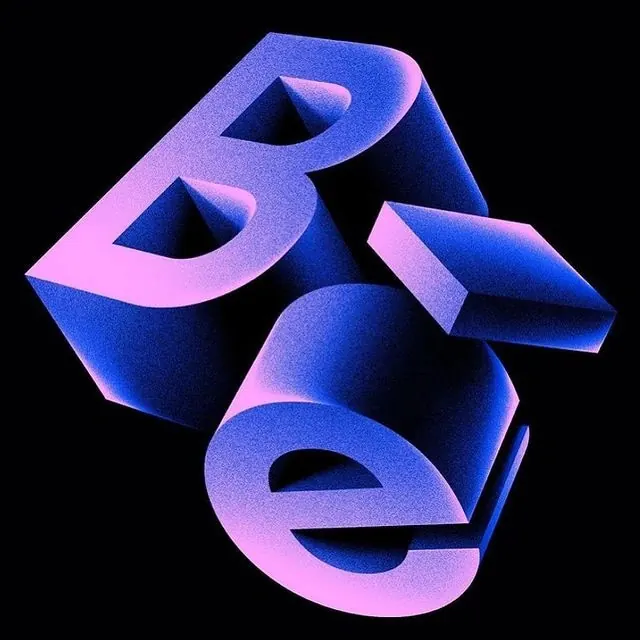 Extruded 3D letterforms in blue and pink gradient, 3d-render, typographic, dark