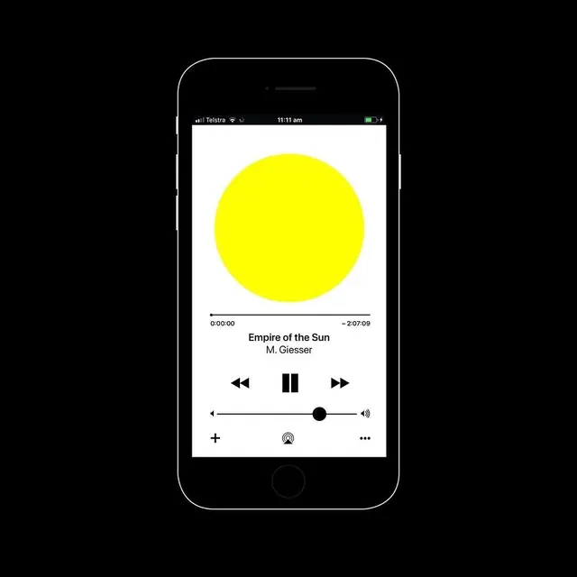 Music player interface with bright yellow album art, minimal, flat, vibrant