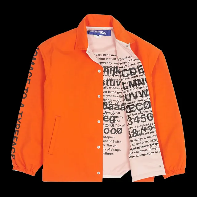 Junya Watanabe Man jacket with oversized typography, editorial, bold, vibrant