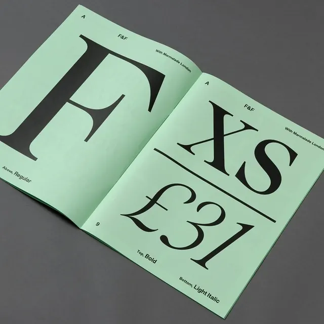 Type specimen publication with pastel mint cover, minimal, playful, pastel