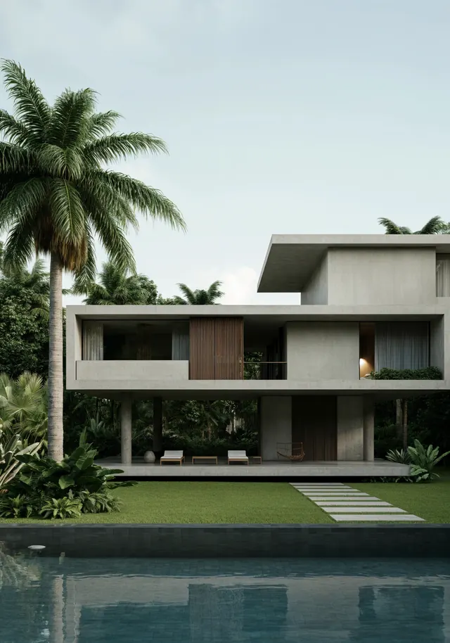Modernist concrete house with pool and tropical landscape, 3d-render, minimal, light