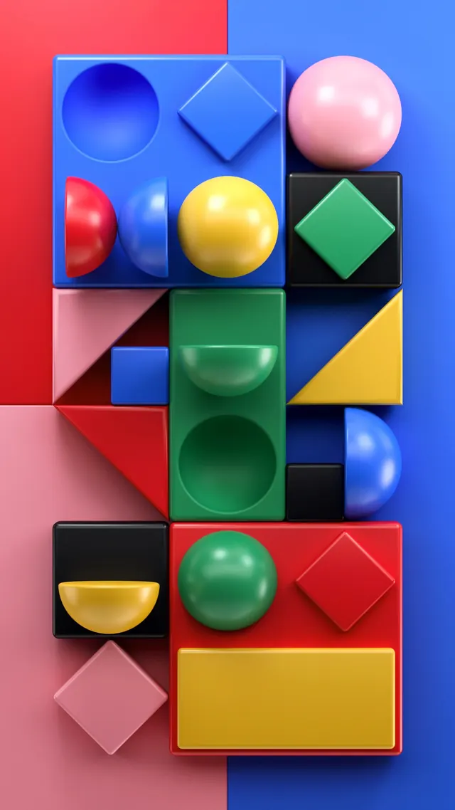 Vibrant geometric 3D shape composition, 3d-render, playful, vibrant