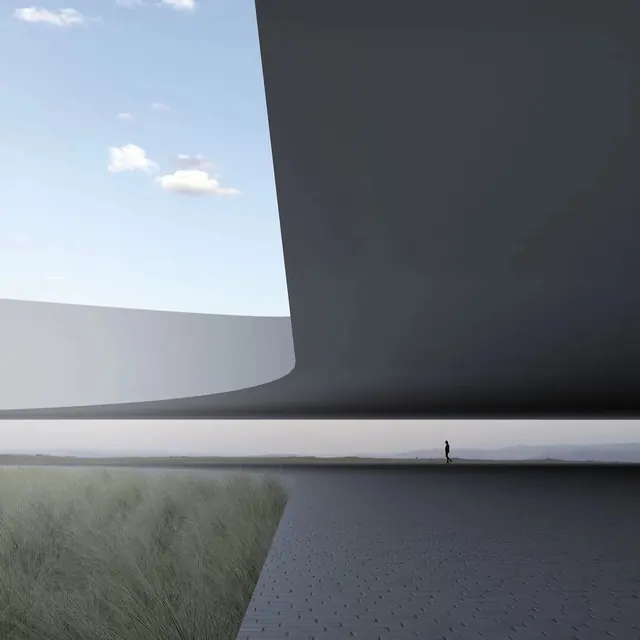 Surrealist architectural landscape with figure, 3d-render, minimalist, cool