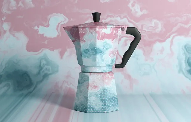 Moka pot with watercolor texture overlay, illustrated, organic, pastel