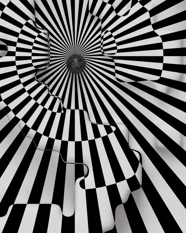 Radial striped pattern with abstract face outline, abstract, geometric, dark