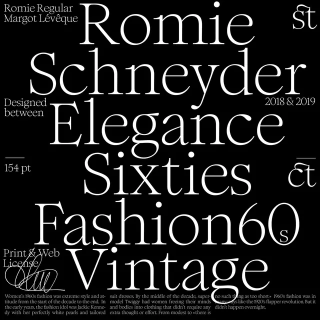 Romie Regular typeface specimen, editorial, dark-mode, dark