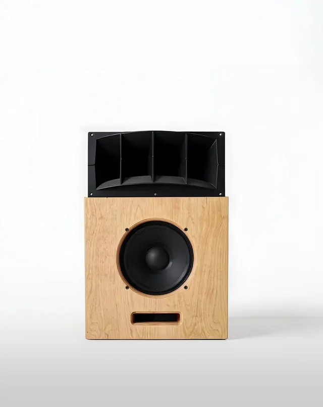 Wooden speaker cabinet with curved horn, minimalist, 3d-render, light