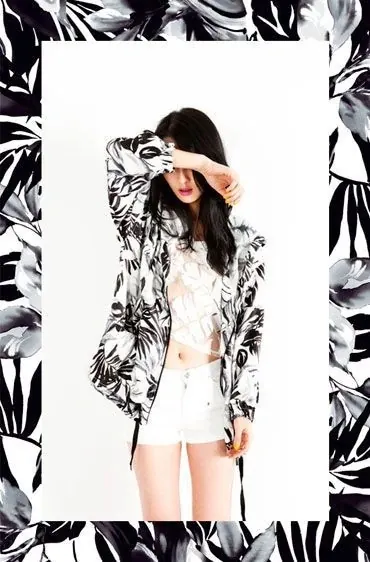 Fashion collage with botanical jacket, photographic, illustrated, monochromatic