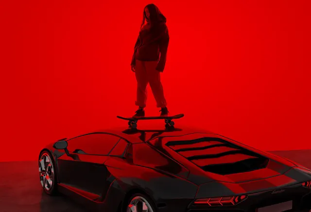 Lamborghini ride lifestyle composite, 3d-render, photographic, vibrant