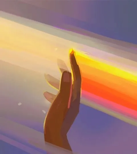 Hand with gradient light refraction, gradient-heavy, illustrated, gradient