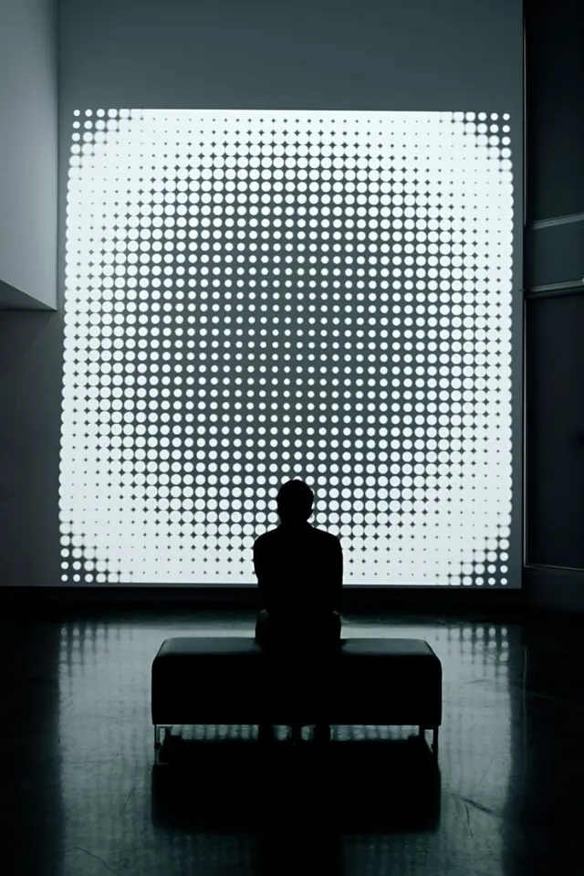 Pixelated Portal Installation with Silhouette, technical, 3d-render, dark