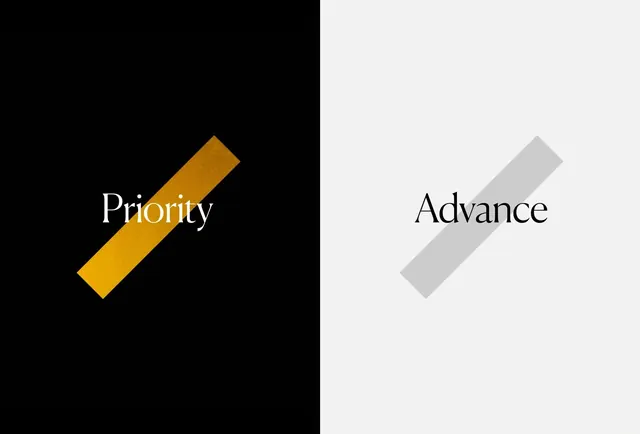 Split-screen "Priority" and "Advance" typographic layout, minimal, geometric, dark