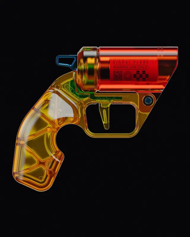 Translucent glass toy gun, 3d-render, photographic, vibrant
