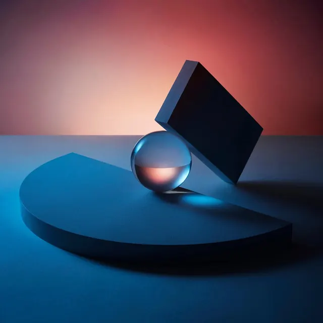 Still-life composition with glass sphere and geometric shapes, 3d-render, photographic, gradient
