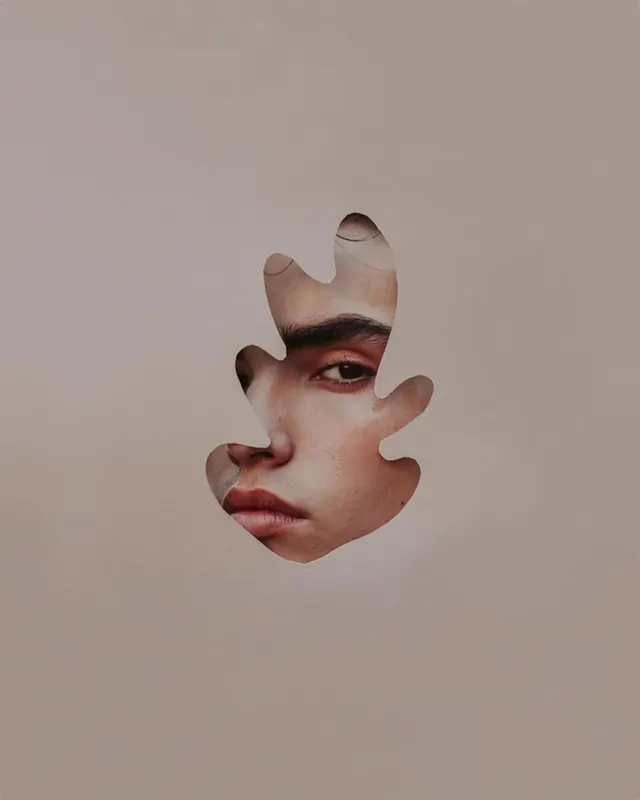 Fragmented face portraiture, abstract, conceptual, muted