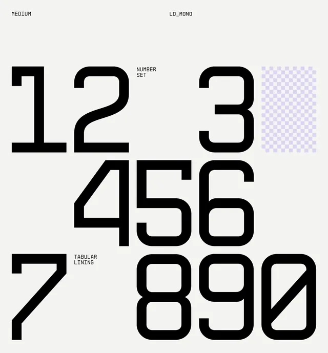 Oversized numbers type specimen, technical, minimal, monochrome
