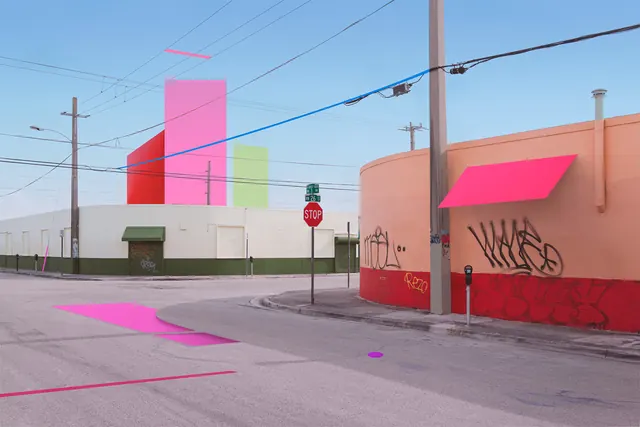 Neon geometric shapes urban photography, photographic, gradient-heavy, vibrant