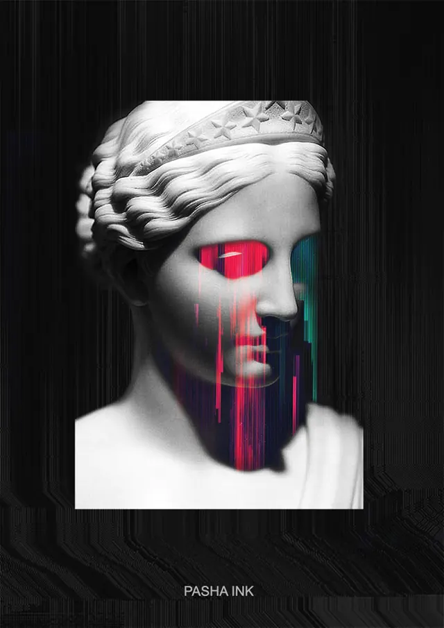 Classical bust with glitch effect and neon overlays, neo-brutalist, technical, monochrome