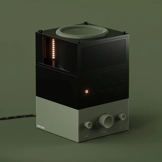 Compact modular sound system with layered construction, technical, brutalist, dark