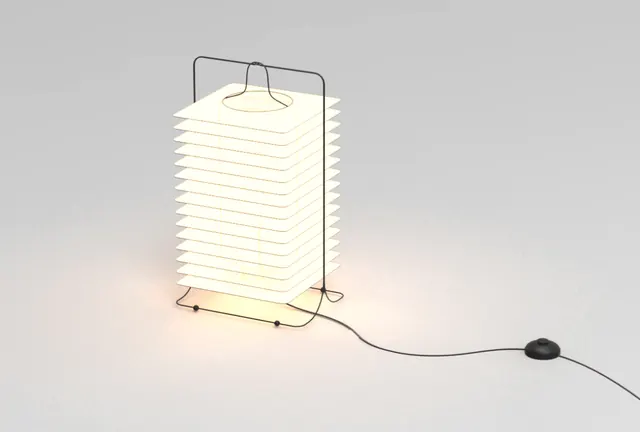 Layered paper lantern lamp with cord, 3d-render, minimal, light