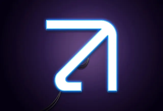 Neon arrow sign on dark purple background, technical, playful, dark