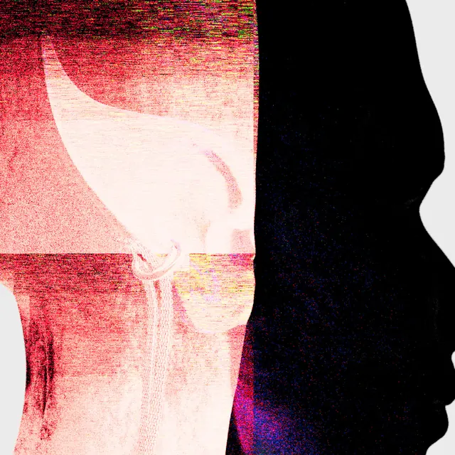 Digital portrait split with textured glitch effect, abstract, digital-art, dark