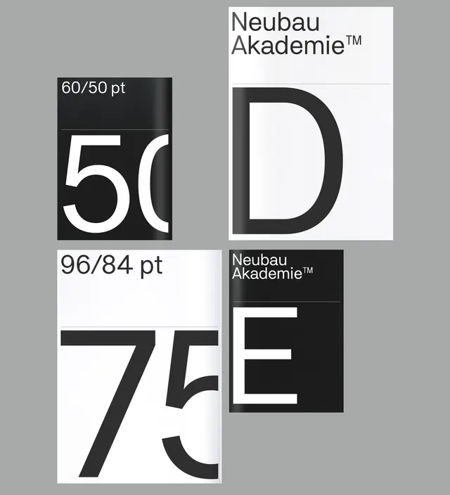 Neubau Akademie typeface test kit layout, swiss, minimal, dark