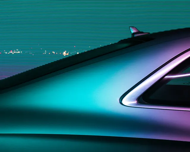 Luxury car detail with neon lighting, technical, 3d-render, cool