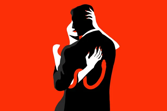 Silhouetted figure on red background, illustrated, minimalist, vibrant