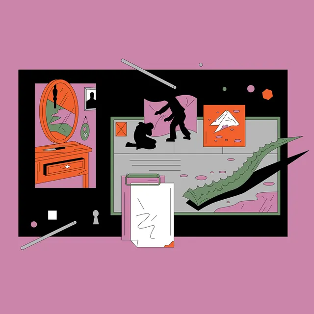 Surreal mauve editorial collage illustration, illustrated, abstract, pastel