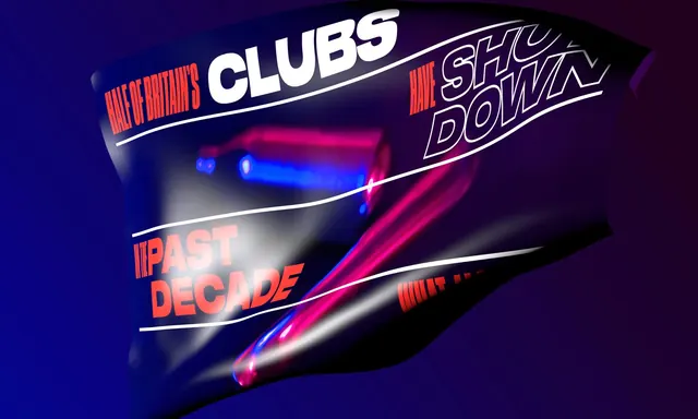 Waving flag graphic with neon streak and bold headline, 3d-render, typographic, dark