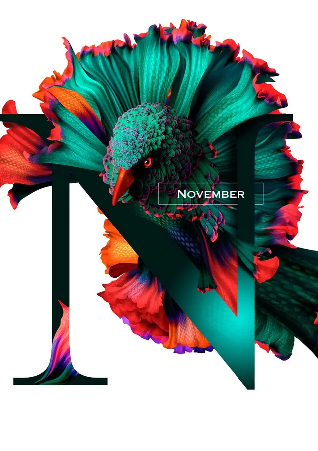 November N with hybrid creature, illustrated, maximalist, vibrant