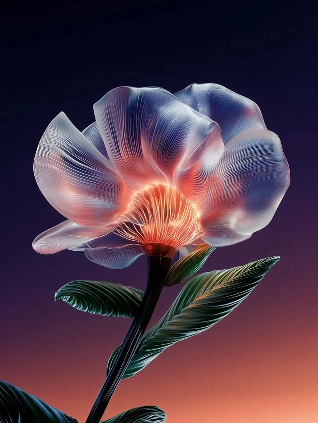 Luminous digital flower with gradient background, illustrated, gradient-heavy, warm