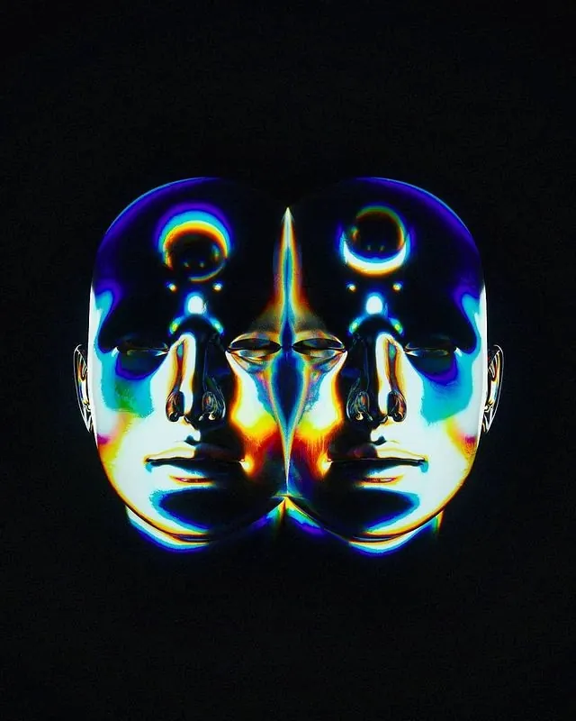 Mirrored digital face with chromatically glitched colors, abstract, digital, dark