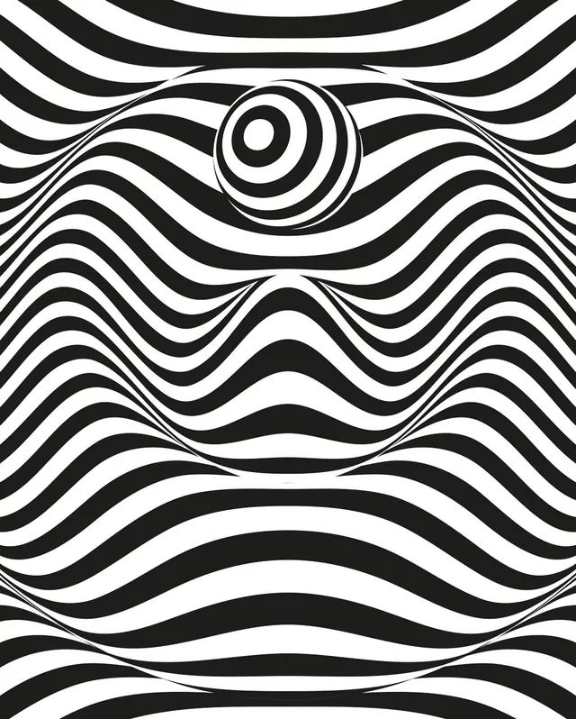 Optical illusion eye centered in wavy black and white lines, geometric, abstract, monochrome