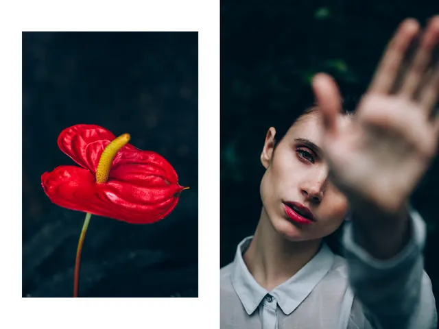 Diptych floral portrait with gesture, photographic, editorial, dark