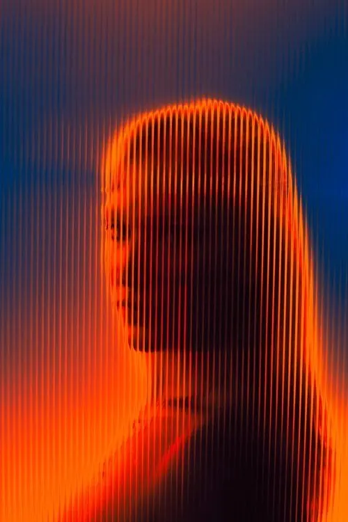 Gradient portrait with vertical line texture overlay, 3d-render, abstract, vibrant