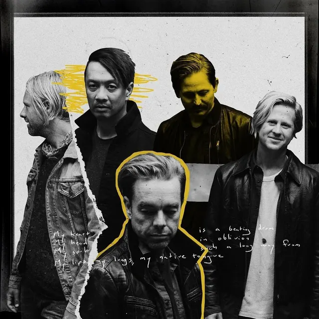 Band portrait with drawn highlights and handwritten annotations, editorial, monochrome, monochrome