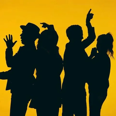 Silhouettes of diverse group on bright yellow, illustrated, flat, vibrant