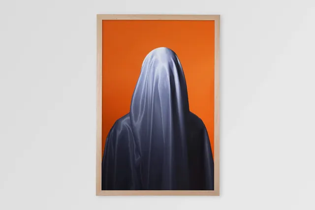 Framed portrait of figure in blue against orange, illustrated, artistic, vibrant