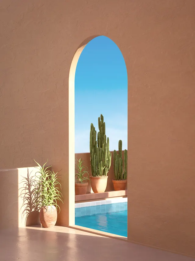 Terracotta archway to pool and cacti, illustrated, minimalist, warm
