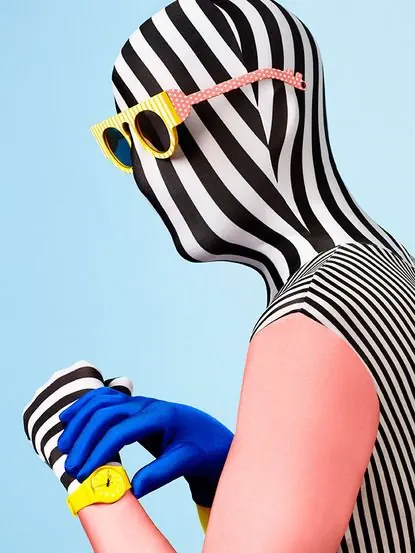 Striped Figure with Sunglasses, abstract, playful, vibrant
