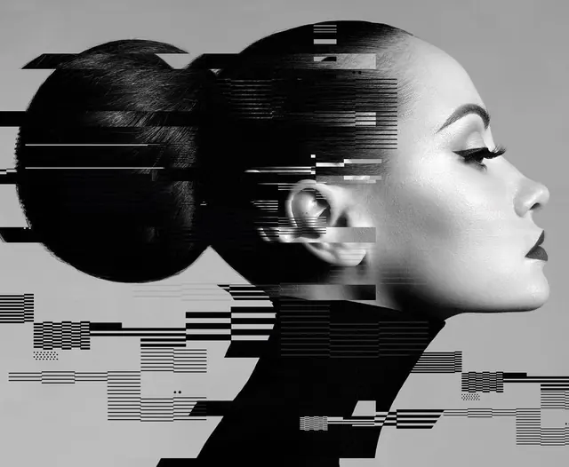 Glitch Portrait Illustration, brutalist, abstract, monochrome