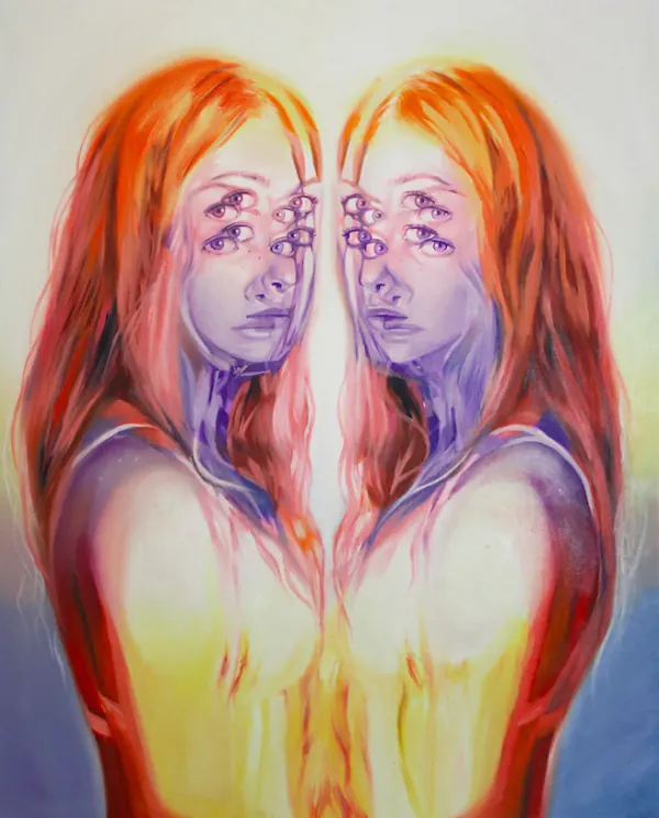 Surreal Double Portrait with Extra Eyes, illustrated, abstract, vibrant