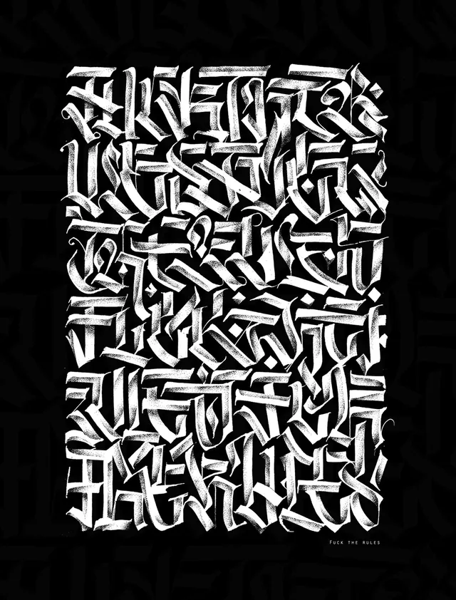 Textured graffiti-style lettering pattern, line-art, technical, monochrome