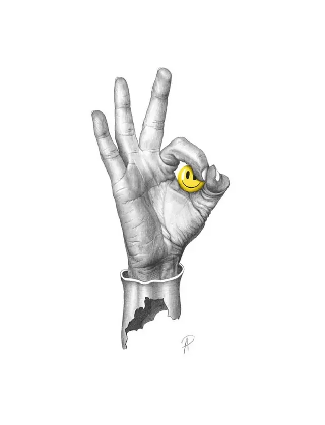 OK Hand Pencil Illustration with Yellow Smiley, illustrated, minimal, light