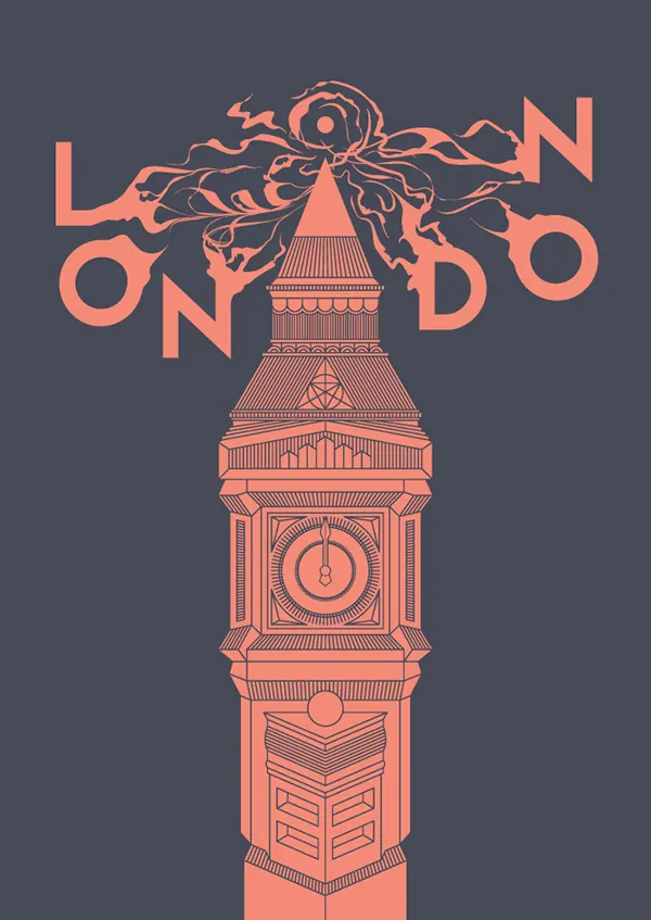 London Big Ben Line Illustration in Coral, illustrated, minimal, dark