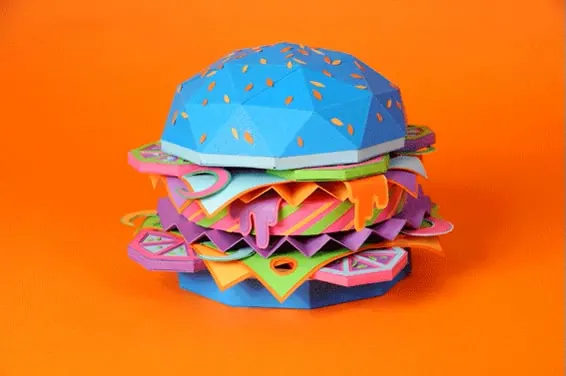 Paper craft burger sculpture, illustrated, playful, vibrant