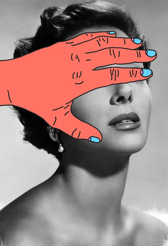 Coral hand over vintage portrait, illustrated, photographic, monochrome